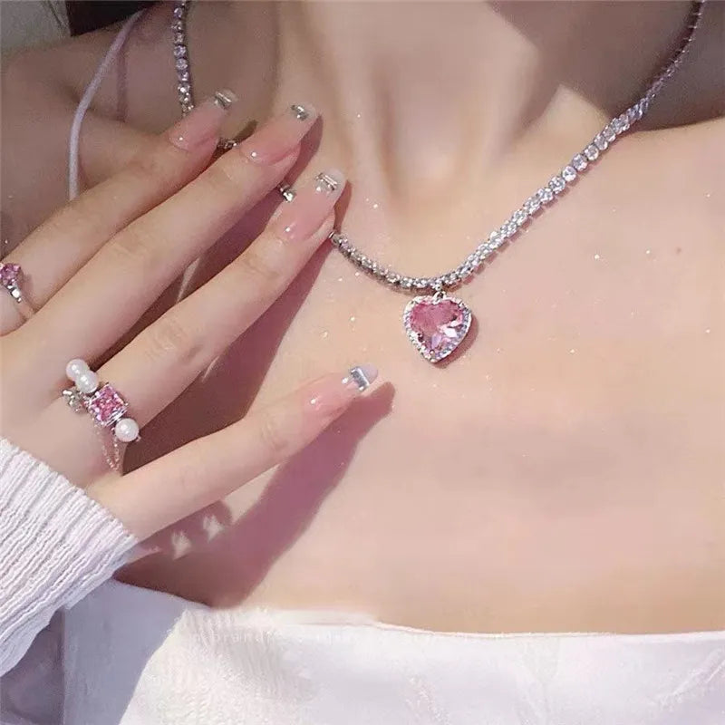Collar con Colgante de Corazón Rosa - Cristal para Mujer