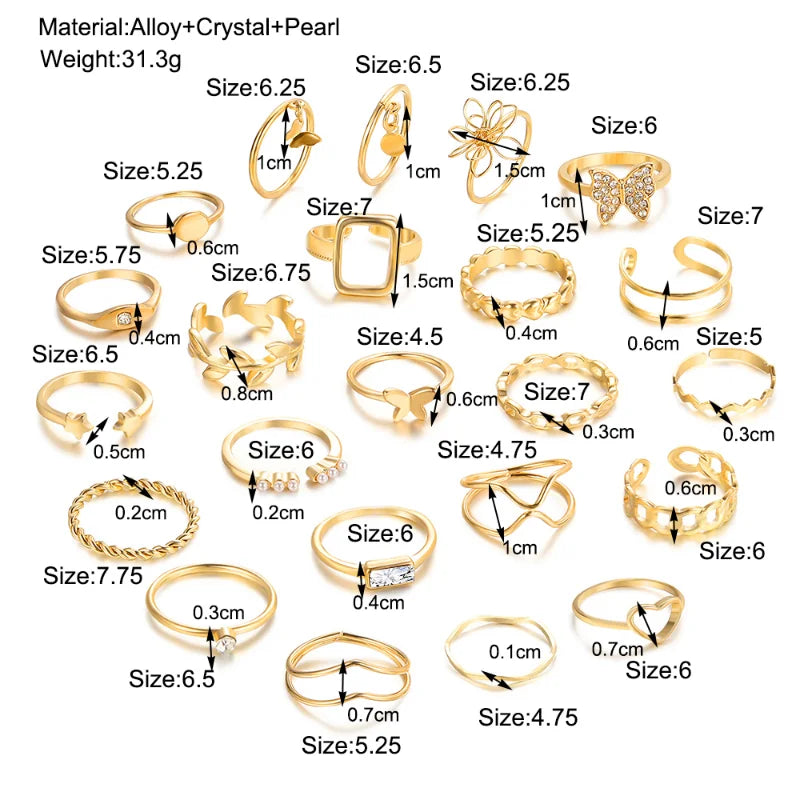 Conjunto de 22 Anillos en Forma de Corazón, Mariposa, etc.