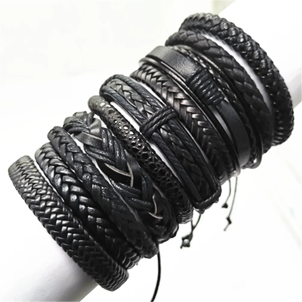 Juego de 10 Pulseras Trenzadas en Cuero Negro - Estilo Moderno y Artesanal