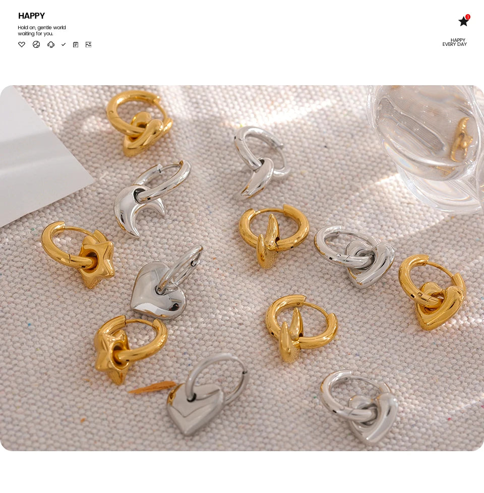 Pendientes Mujer Huggie Estrella Luna Corazón Colgante -Acero inoxidable enchapado en oro 18k PDV